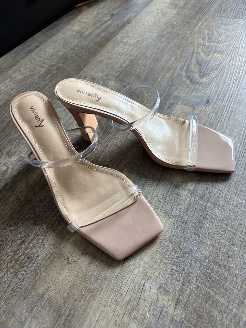 Viviana Blush Nude Clear-Strap Square Toe Heels